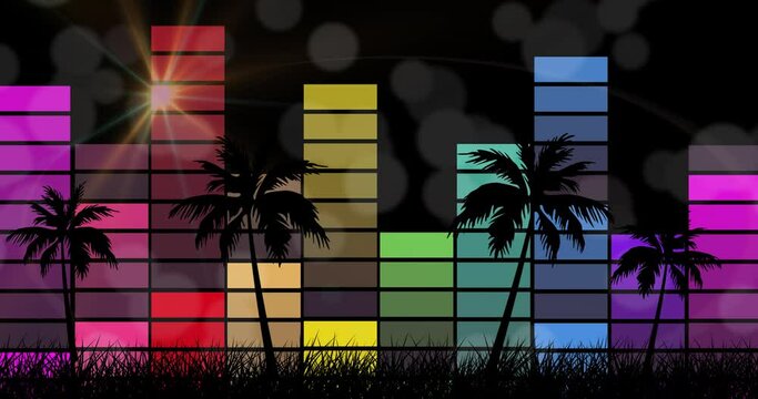 Animation of female dj icon over palm trees, stars and moon on sky