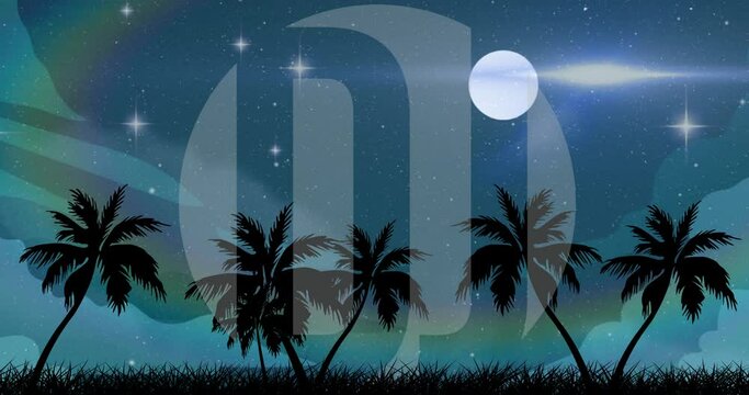Animation of dj text over palm trees, stars and moon on sky