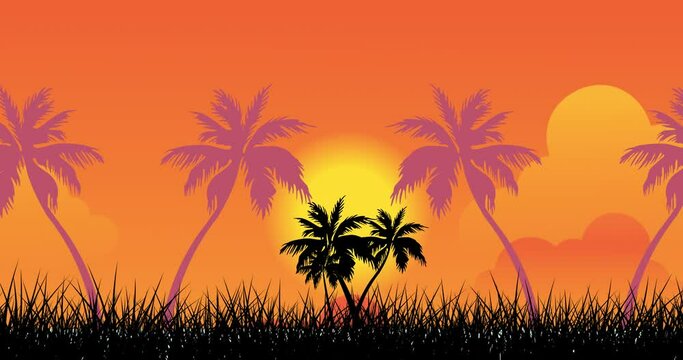 Animation of palm trees over sun on orange sky