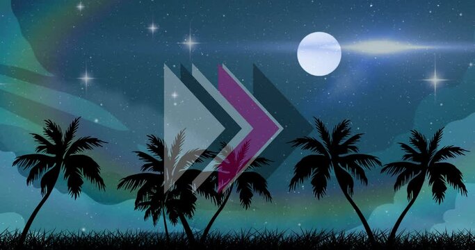 Animation of arrows over palm trees, stars and moon on sky