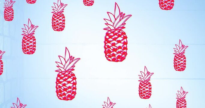 Animation of single pineapples floating on blue background