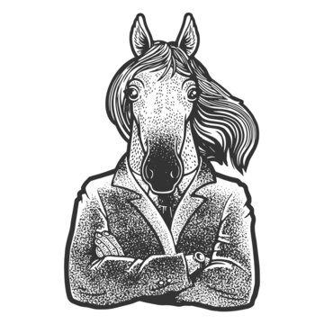 Horse businessman sketch engraving vector illustration. T-shirt apparel print design. Scratch board imitation. Black and white hand drawn image.