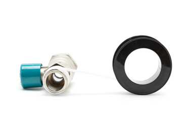 Mini ball valve with thread seal tape isolated on white background