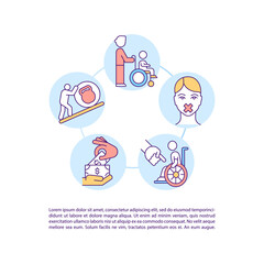 Disabled trafficking victims concept line icons with text. PPT page vector template with copy space. Brochure, magazine, newsletter design element. Human trade linear illustrations on white