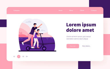 Young father riding on electric scooter with son. Family, landscape, park flat vector illustration. Activity and summer vacation concept for banner, website design or landing web page