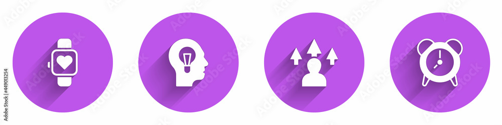 Poster set smart watch, human with lamp bulb, front end development and alarm clock icon with long shadow. 