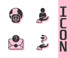 Set Caduceus snake medical, International day of peace, Envelope with question mark and Life insurance in hand icon. Vector