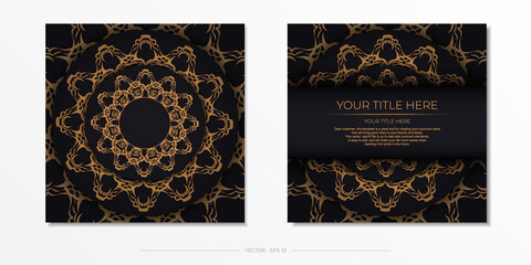 Square postcards in black with luxurious gold ornaments. Invitation card design with vintage patterns.