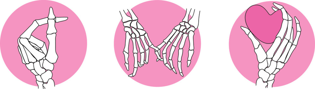 Set of skeleton hands in love holding pinkies heart gesture