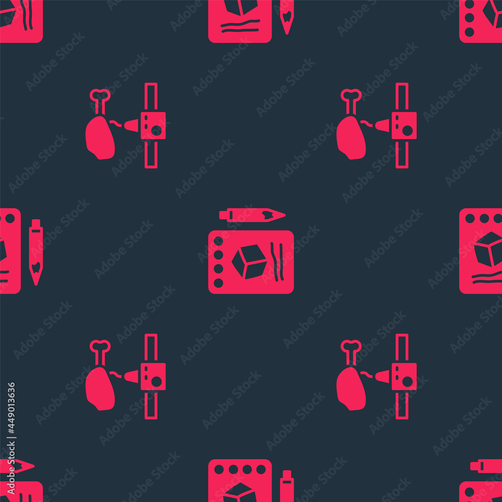 Poster set 3d printer chicken leg and sketch on paper on seamless pattern. vector
