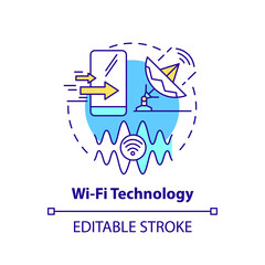 Wifi technology concept icon. Local area network abstract idea thin line illustration. Radio signal technology. Laptop and mobile connection. Vector isolated outline color drawing. Editable stroke
