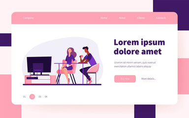 Couple sitting at table and watching TV. Together, coffee, family flat vector illustration. Leisure and entertainment concept for banner, website design or landing web page