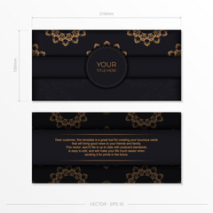 Rectangular Postcard template in black color with luxury gold ornaments. Print-ready invitation design with vintage patterns.