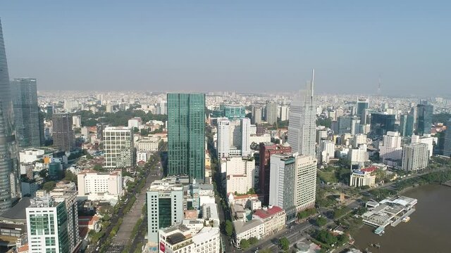 Aerial view of District 1, Ho Chi Minh city overlooking from The new city Thu Thiem Urban Area at District 2 or Thu Duc city in November 2019