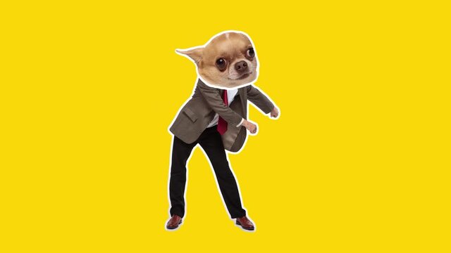 4K Minimal animation motion design. Funny dog face on dancing man. Pop and dance mood. Businessman in stop motion, 2D, modern, conceptual, contemporary pop art collage. Party, business, concept