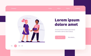 Little kid holding present for girl. Friend, birthday, gift flat vector illustration. Friendship and celebration concept for banner, website design or landing web page