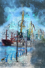 Digital watercolor painting of a summer waterfront against the c