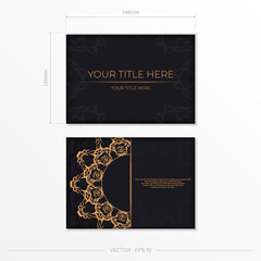 Rectangular Vector Preparing postcards in black with luxury gold ornaments. Template for design printable invitation card with vintage patterns.