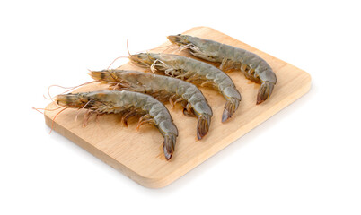fresh shrimps or prawns raw on wooden board
