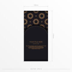 Rectangular Vector Preparing postcards in black with luxurious golden patterns. Template for print design invitation card with vintage ornament.