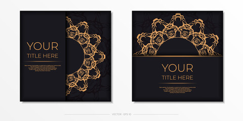 Fototapeta premium Square vector postcards in black color with luxury gold ornaments. Invitation card design with vintage patterns.