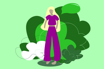 Barefoot blond hair girl walking alone isolated flat illustration. Outdoor fitness training, rest from social media anxiety advertising banner poster design. Female hand drawn clipart.