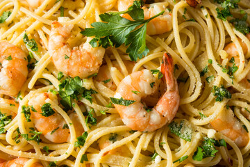 Homemade Cooked Shrimp Scampi with Pasta