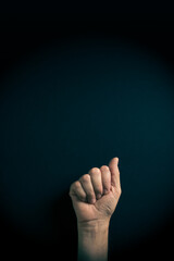 Colour image of hand demonstrating ASL sign language letter A with empty copy space