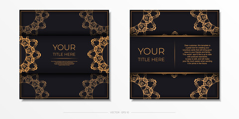 Square vector postcards in black with luxurious gold patterns. Invitation card design with vintage ornament.