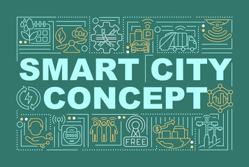 Smart urban area word concepts banner. Intelligent management of city. Infographics with linear icons on green background. Isolated creative typography. Vector outline color illustration with text