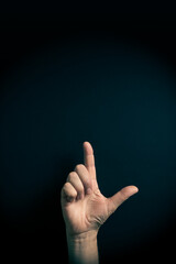 Colour image of hand demonstrating ASL sign language letter L with empty copy space