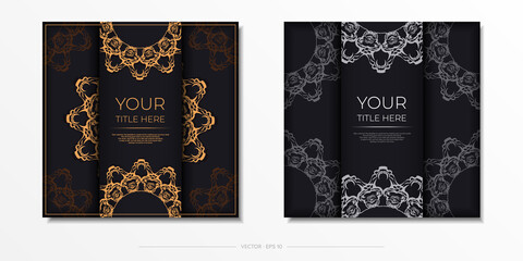 Square vector postcards in black with luxurious gold patterns. Invitation card design with vintage ornament.