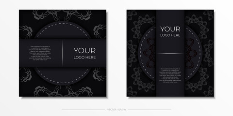 Square Preparing postcards in black with luxurious gold ornaments. Vector Template for printing design invitation card with vintage patterns.