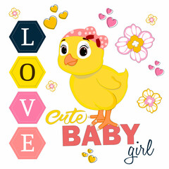 Cute Cartoon beautiful little chick. Perfect for greeting cards, party invitations, posters, stickers, pin, scrapbooking, icons.
