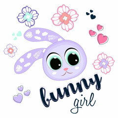 Cute Cartoon beautiful baby bunny with big eyes. Perfect for greeting cards, party invitations, posters, stickers, pin, scrapbooking, icons.