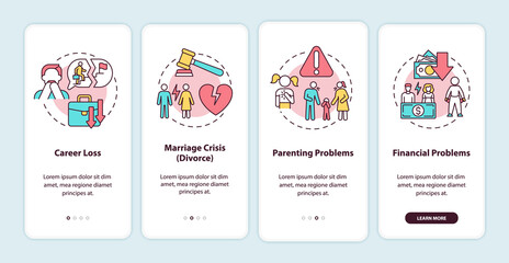 Adulthood problems onboarding mobile app page screen. Self development barriers walkthrough 4 steps graphic instructions with concepts. UI, UX, GUI vector template with linear color illustrations