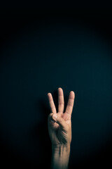 Colour image of hand demonstrating ASL sign language letter W with empty copy space