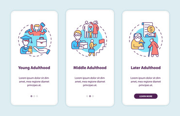 Adulthood stages onboarding mobile app page screen. Adult life transitions walkthrough 3 steps graphic instructions with concepts. UI, UX, GUI vector template with linear color illustrations