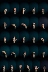Colour image of hands demonstrating ASL sign language letters full alphabet A-Z with empty copy...
