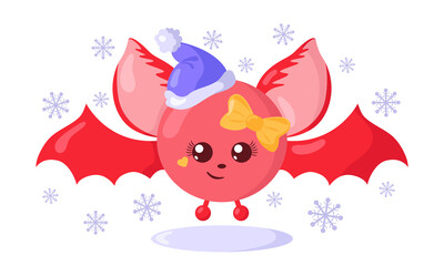 Funny cute kawaii bat with Christmas hat and round body surroundet by snowflakes in flat design with shadows. Isolated animal vector illustration	