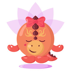 Funny cute kawaii meditating dragon with lotus flower over head and round body in flat design with shadows. Isolated meditation animal vector illustration