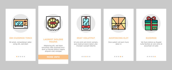 Box Carton Container Onboarding Mobile App Page Screen Vector. Sushi Delivering And Pizza, Box For Tea And Coffee, Mobile Phone And Tv Plazma Illustrations