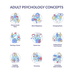 Adult psychology concept icons set. Independence from parents. Parenting. Career loss. Maturity problem idea thin line color illustrations. Vector isolated outline drawings. Editable stroke