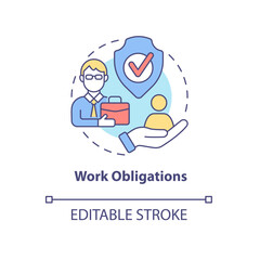 Work obligations concept icon. Legal responsibility. Health and safety measures. Employment relationship abstract idea thin line illustration. Vector isolated outline color drawing. Editable stroke