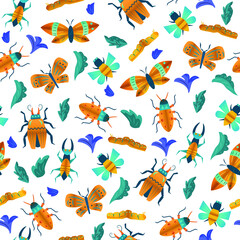 vector seamless pattern from flowers and insects. bright ornament orange flowers. decorative background for fabric and decoration of things