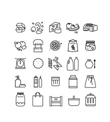 Collection de symboles, pour épicerie vrac, aliments biologiques,  bocaux réutilisables, aliments, produits secs, mock up, charte graphique, icônes, symboles, aliments, contenants réutilisables