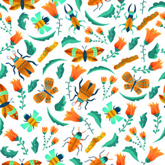 vector seamless pattern from flowers and insects. bright ornament orange flowers. decorative background for fabric and decoration of things