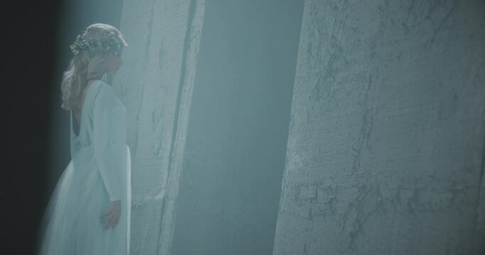 Side or back view of girl standing inside dark maze . Footage of mystic video of bride in labyrinth . Vision of mystical dream . Shot on ARRI ALEXA Cinema Camera in slow motion .