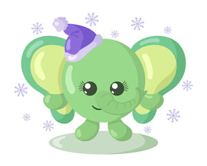 Funny cute kawaii elephant with Christmas hat and round body surroundet by snowflakes in flat design with shadows. Isolated animal vector illustration	