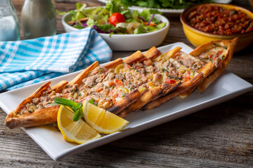 Traditional delicious Turkish food, meat pide (Turkish name; Kusbasi etli pide)